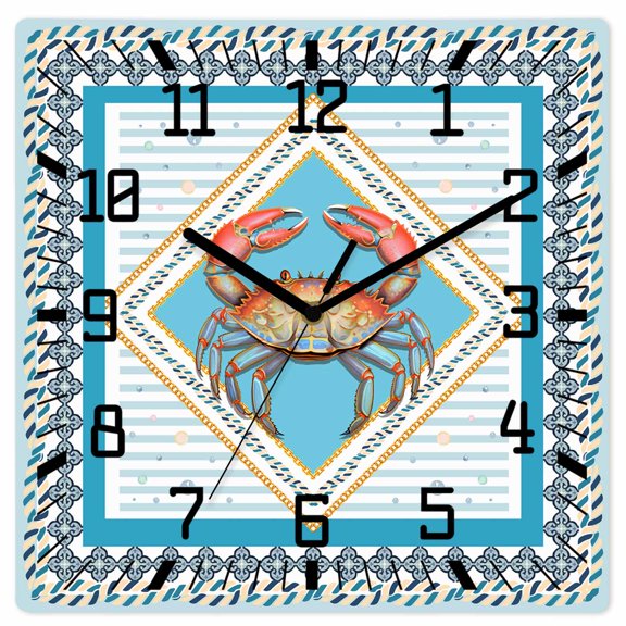 Blue Crab Nautical Wooden Wall Clock Silent Non Ticking, Ocean Coastal Geometric Square Wall Clocks Battery Operated, Decor Clock for Home Office, Living Room, Kitchen, 10 Inch
