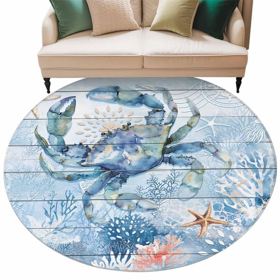 Blue Crab Round Area Rug 6 ft Ocean Coral Starfish Vintage Wood Grain ...