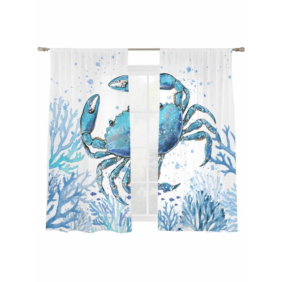 Blue Crab Sheer Curtains 2 Panels Set Watercolor Ocean Blue Coral Crab Fish Sheer Window Curtains Light Filtering Rod Pocket Voile Drapes for Bedroom Living Room 52"X72"