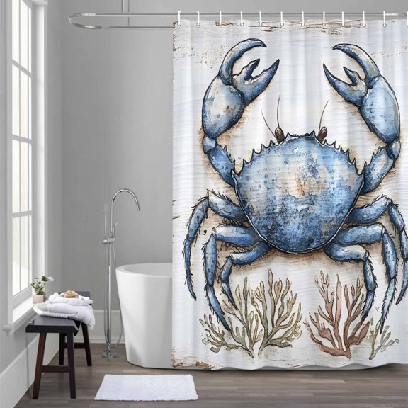 Blue Crab Shower Curtain for Bathroom Decor, Ocean Coral Waterproof Fabric Shower Curtain, 36"x72" Set with 12 Hooks