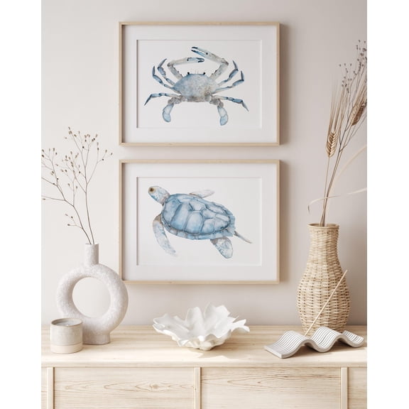 Blue Crab Turtle Coastal Sea Life Wall Art Set 2 Unframed Paper Print 8x12