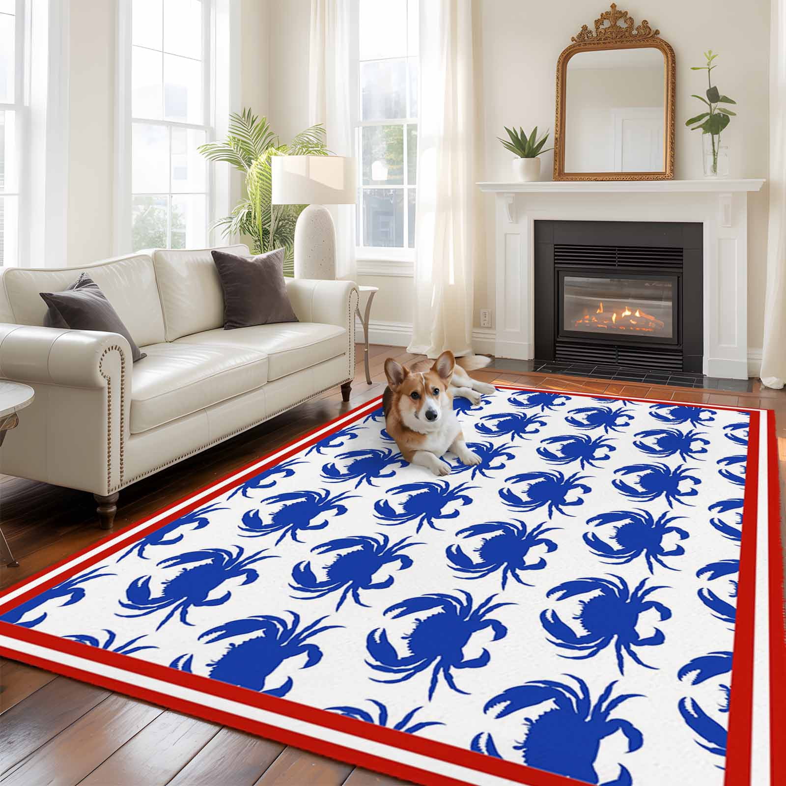 Blue Crabs 5x8 Rug for Bedroom Under Queen Bed Placement, Abstract ...