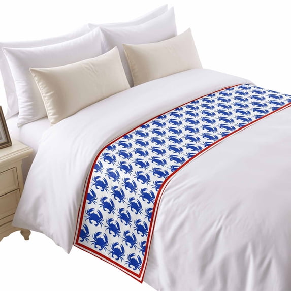 Blue Crabs Bed Runner for Cal King Size Bed, Abstract Summer Ocean Blue Crab Red Stripes Border Soft Bedding Scarf Bedding Protector Slipcover Sofa Throw for Bedroom Hotel Guesthouse