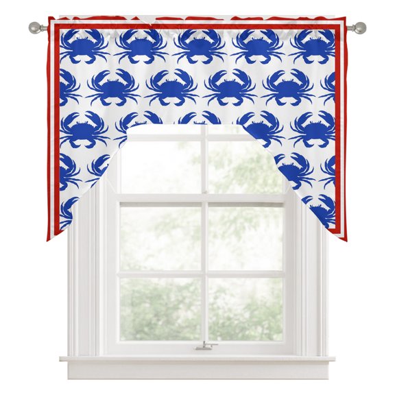 Blue Crabs Swag Valance for Windows, Abstract Summer Ocean Blue Crab Red Stripes Border Swag Curtains Valances for Small Window Treatment Rod Pocket for Kitchen Bathroom 1 Panel 56x36in