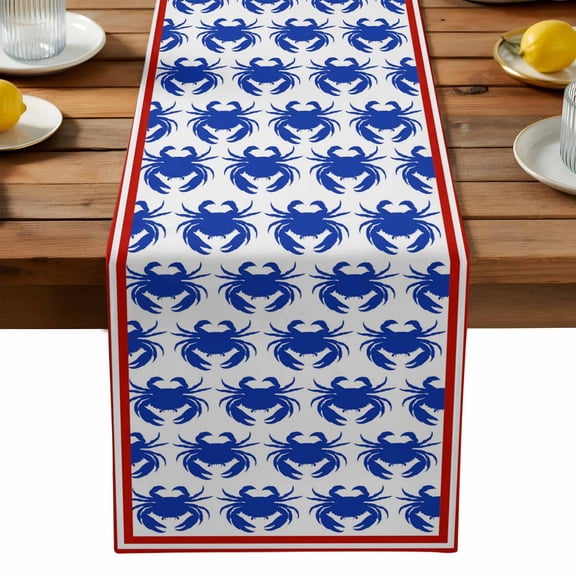 Blue Crabs Table Runner, Abstract Summer Ocean Blue Crab Red Stripes Border Washable Kitchen Table Runners Dress Scarves for Dining Table Decorations Party, 13x108in