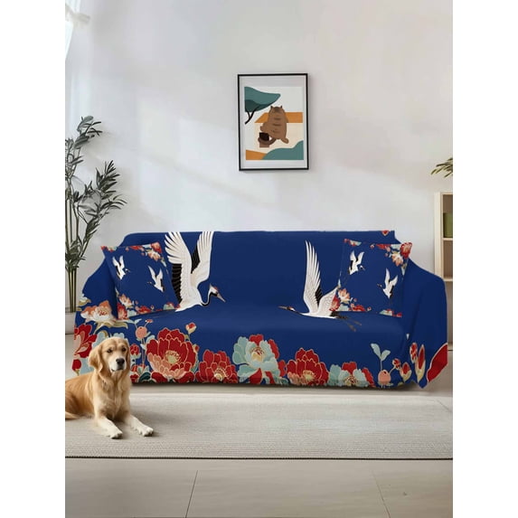 Blue Crane Couch Cover, Vintage Red Teal Spring Floral Botanical Sofa Cover Blanket for 3 Cushion Couch, Sectional Sofa Slipcover Furniture Protector for Living Room Bedroom 71''x134''