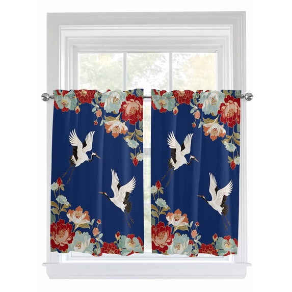 Blue Crane Living Room Curtains 2 Panel, Vintage Red Teal Spring Floral Botanical Cafe Window Treatment, Farmhouse Bedroom Bathroom Kitchen Curtains Drapes 104"x45"