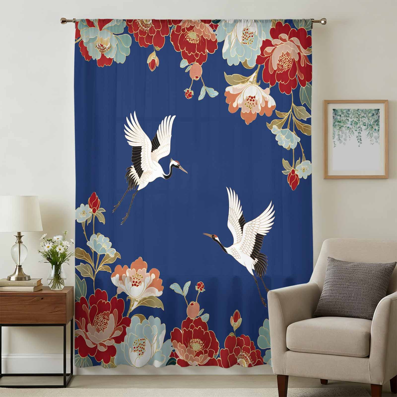 Blue Crane Sheer Curtains 54 Inches Long, Vintage Red Teal Spring ...