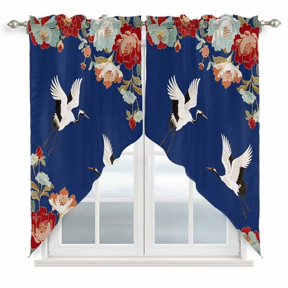 Blue Crane Swag Valances for Windows, Kitchen Window Curtains Over Sink, Vintage Red Teal Spring Floral Botanical Window Treatment Curtains for Living Room/Bedroom Curtains 2 Panel Sets 36"x45"