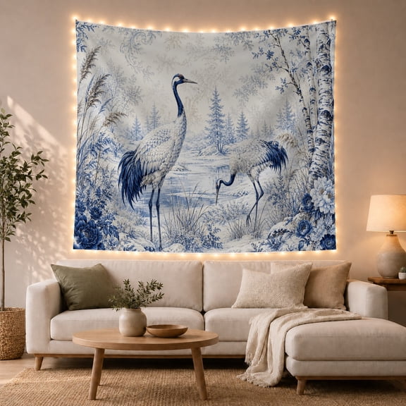 Blue Cranes in a Snowy River with Florals, Serene Vintage for Bird Lovers, Porcelain Art Decor, Christmas Gift, Tapestry Wall Hanging for Bedroom and Living Room