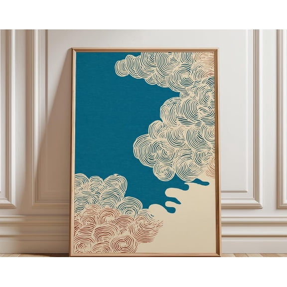 Blue Cream Cloud Abstract Sky Illustration Linocut Folk Wall Art, Unframed Paper Poster 24x36in