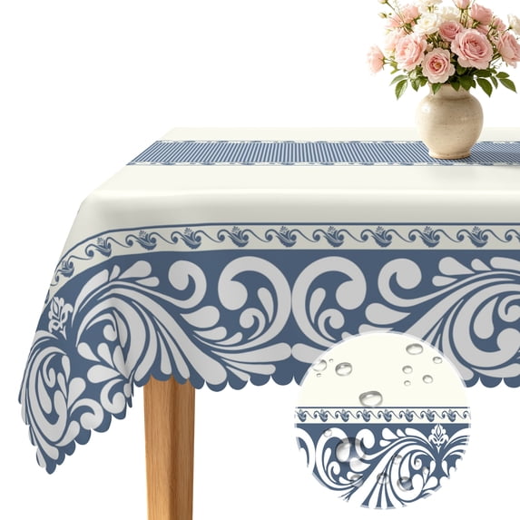 Blue Cream Damask Rectangular Tablecloth,60x70 Inch,Waterproof Table Cover for Kitchen Dining Picnic Decor