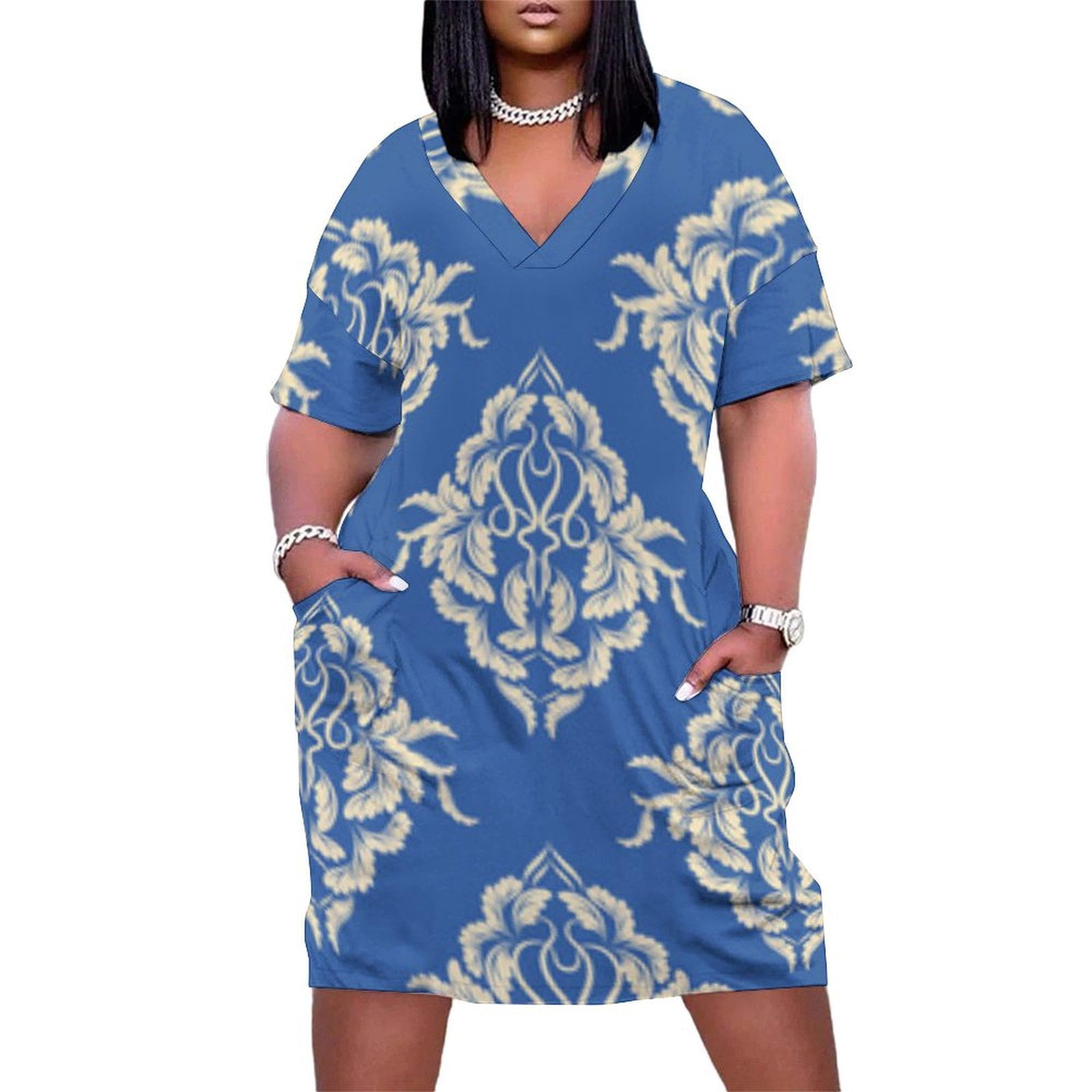 women blue damask dress Ice Blue Winter Dress | Elegant Floral Damask Midi Dress