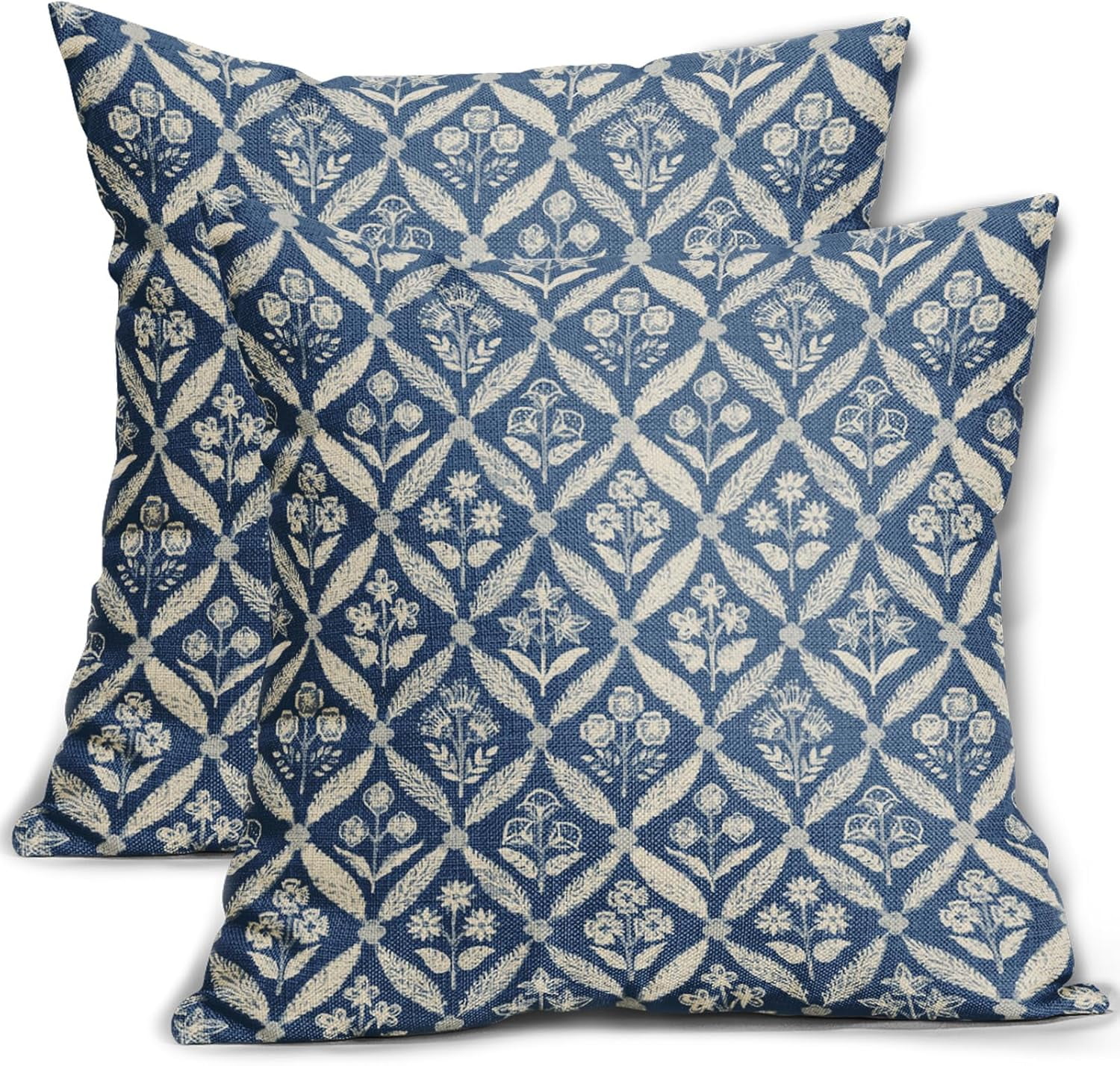 Blue Cream Floral Block Print Pillow Covers 20X20 Set Of 2 Flower blue-cream-floral-block-print-pillow-covers-20x20-set-of-2-flower