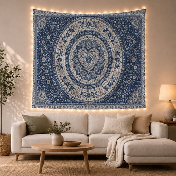 Blue and Cream Floral Mandala in Navy Blue, Serene Boho Bohemian Wall Art for Art Lovers, Bedroom Decor Housewarming Gift Tapestry Wall Hanging for Bedroom, Living Room and Dorm