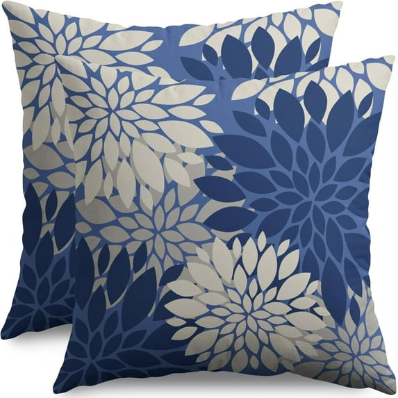 Blue Cream Grey Gray Pillow Covers 20X20 Inch Set of 2, Modern Dahlia Floral Print Decorative Throw Pillow Covers Outdoor Farmhouse Cushion Case for Home Couch Sofa Bed Decoration