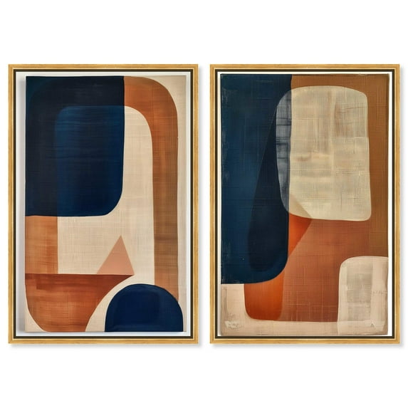 Blue Cream Set Canvas Set of 2 Boho Abstract by Art Remedy, Gold Frame, 24 x 36