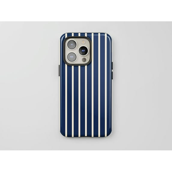 Blue & Cream Striped Tough Phone Case – Retro Minimalist Aesthetic Lines, Protective Cover for iPhone 16/15/14/13 Pro Max, Samsung Galaxy S25/S24/S39