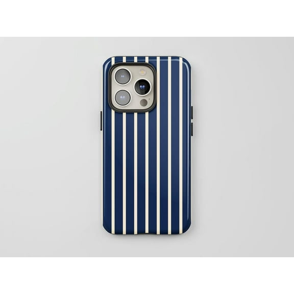 Blue & Cream Striped Tough Phone Case – Retro Minimalist Aesthetic Lines, Protective Cover for iPhone 16/15/14/13 Pro Max, Samsung Galaxy S25/S24/S58