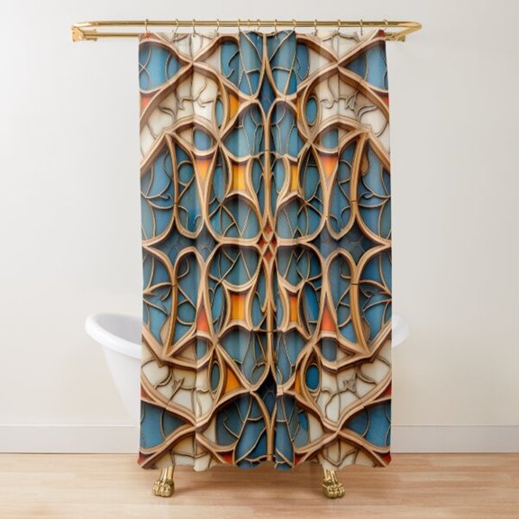 Blue, Cream, Tan and Orange Interlaced Geometric Linework Shower Curtain, 100% Polyester, Bathroom Decor