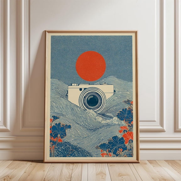Blue Cream Vintage Camera Woodcut Red Sun Accent Photography Wall Art, Unframed Paper Poster 8x10in