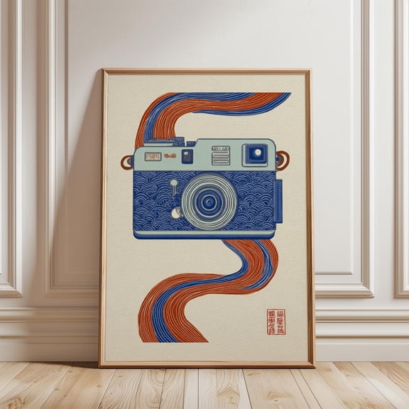 Blue Cream Vintage Camera Woodcut Style Floral Red Accents Art Print Unframed Paper Print