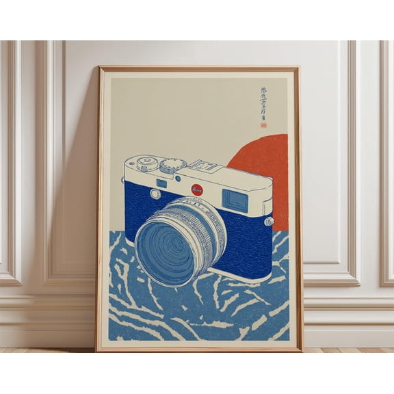 Blue Cream Vintage Camera Woodcut Style Red Sun Accent Wall Art, Unframed Paper Poster 8x10in