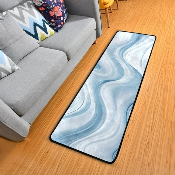 Blue Creamy Wavy Long Floor Mat Runner Rug Area Mat Noise Reduction Water Absorbent Non-Slip 72" x 24"