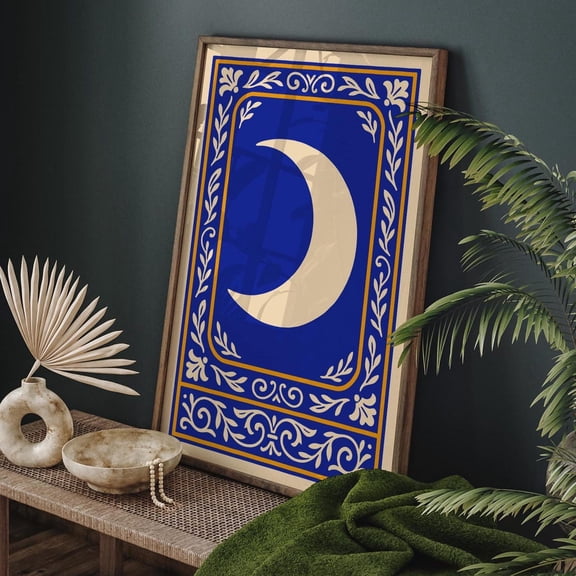 Blue Crescent Moon Celestial Wall Art Design 2, Unframed Canvas 24x36in