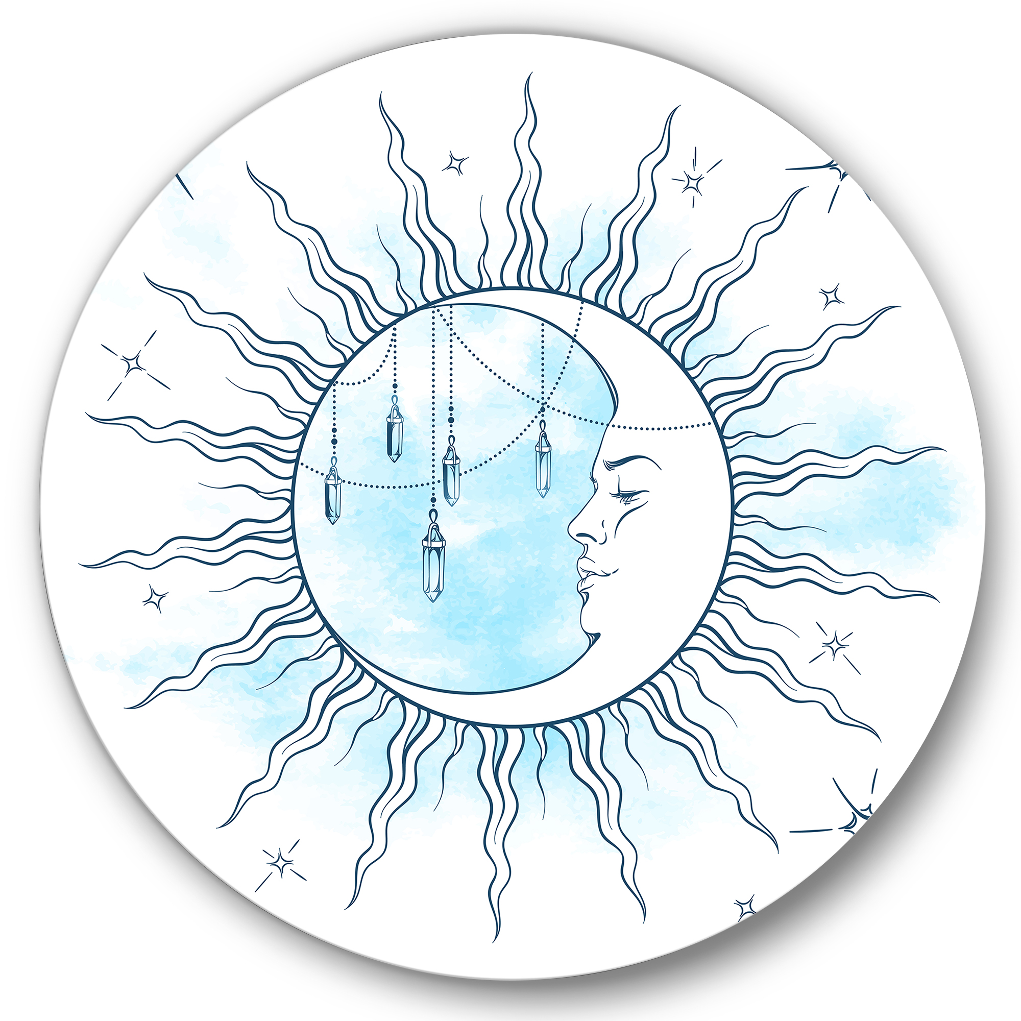 Blue Crescent Moon With Stars and Moonstone Pendants 11 in x 11 in Painting Art Prints, by Designart