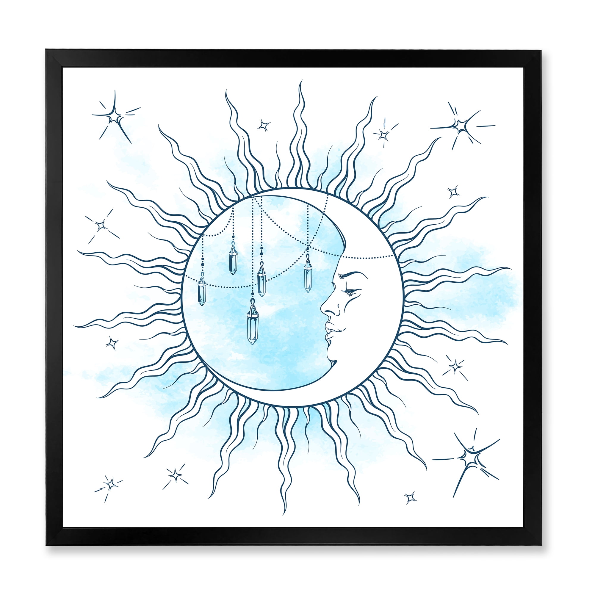 Blue Crescent Moon With Stars and Moonstone Pendants 16 in x 16 in Framed Painting Canvas Art Print, by Designart