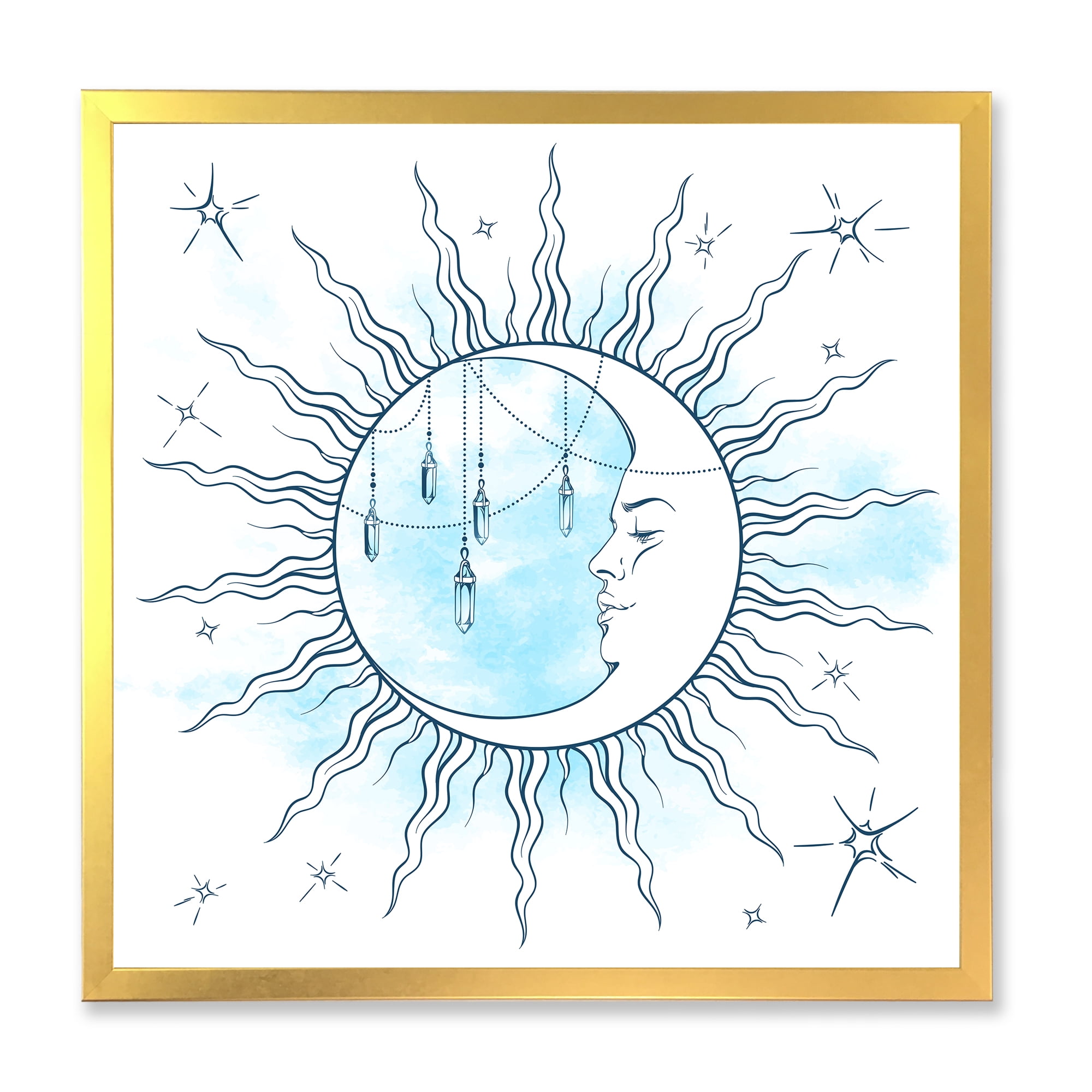 Blue Crescent Moon With Stars and Moonstone Pendants 16 in x 16 in Framed Painting Canvas Art Print, by Designart