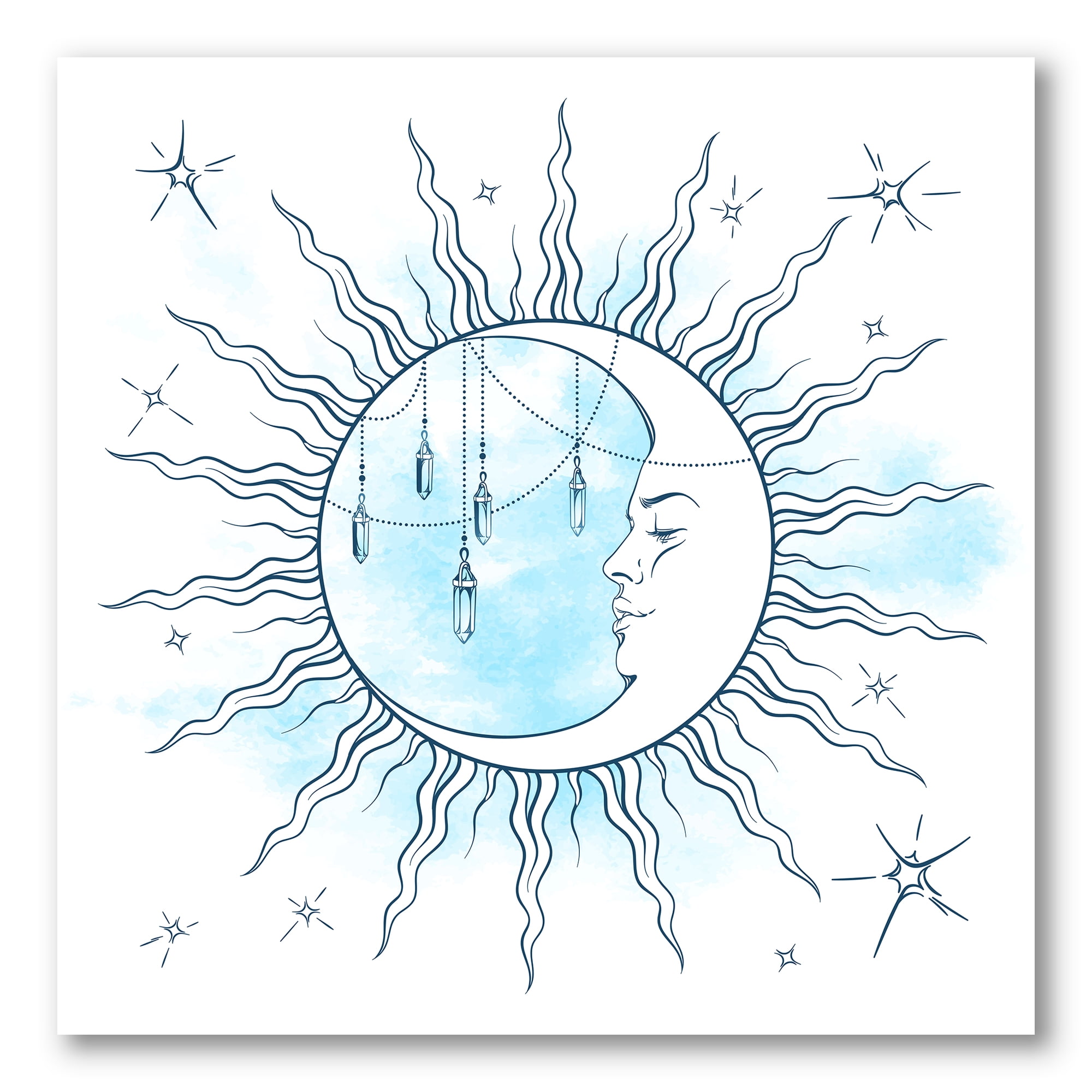 Blue Crescent Moon With Stars and Moonstone Pendants 16 in x 16 in Painting Canvas Art Print, by Designart