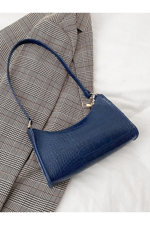 Blue Croc-Embossed Mini Shoulder Bag With Adjustable Strap