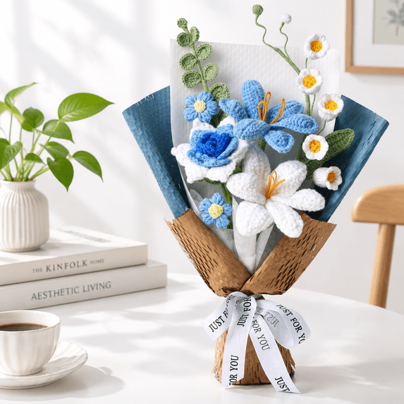 Blue Crochet Flower Bouquet Handmade Knitted Faux Tulips with Gift Bag ...