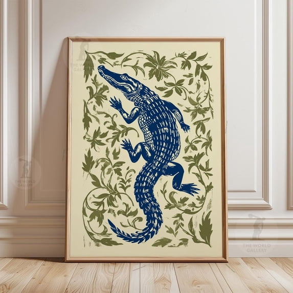 Blue Crocodile Navy Alligator Botanical Illustration Floral Poster ...