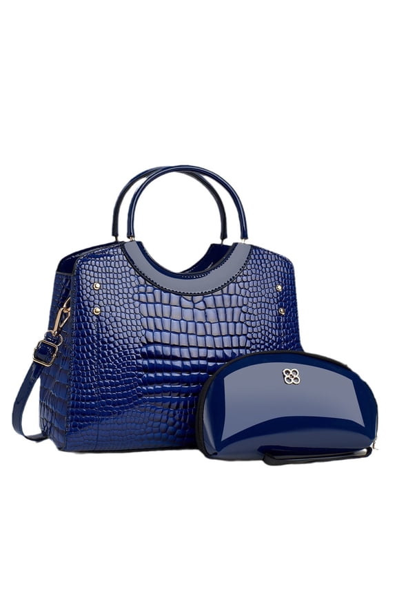 Navy Blue Faux Crocodile 2-Piece Set (Tote/Crossbody+Wallet) - High-Quality, Waterproof & Durable, for Daily Work, Versatile