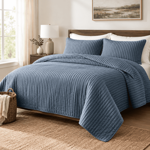 Blue Cross California Cal King Size Quilt Set Oversized Striped Lightweight Soft Bedspread Farmhouse Rustic Coverlet All Season C