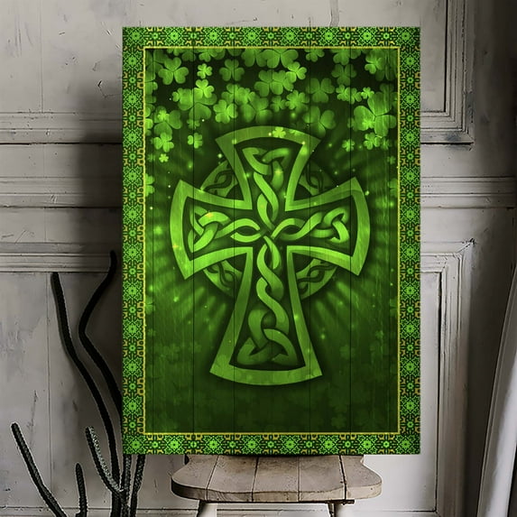 Blue Cross Canvas Wall Art – Floral Christian Decor with Lucky Flowers – Faith & Blessings Print – Ready to Hang – Religious Home Decor Gift