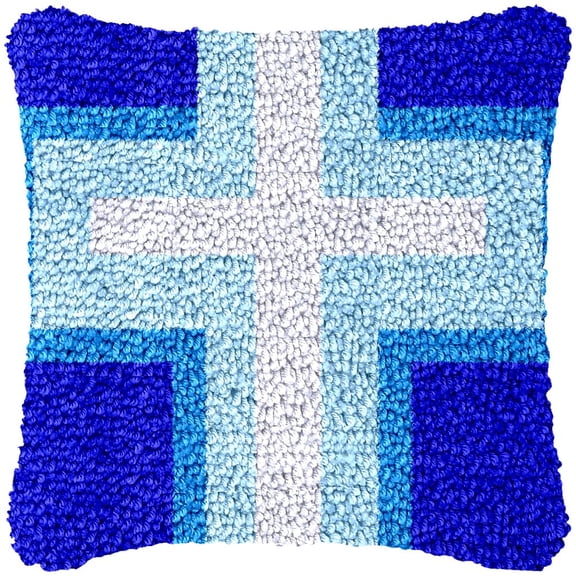 Blue Cross Latch Hook Kits Pillow Cover DIY Rug Making Crochet Hook Cushion Making Kits with Preprinted Pattern Canvas DIY Needlework Crochet Kits Sofa Decor 43x43cm