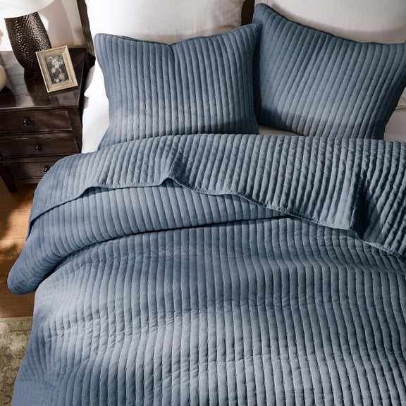 Blue Cross Stitch King Size Quilt Set, Striped Lightweight Soft Bedspread, Channel Farmhouse Rustic Coverlet, All Season Country Bedding, Thin Comforter