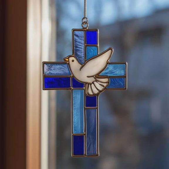 Blue Cross With Dove Real Wavy Acrylic Suncatcher – Christian Window Hanging Gift For Easter, Baptism, Communion Or Memorial Decor