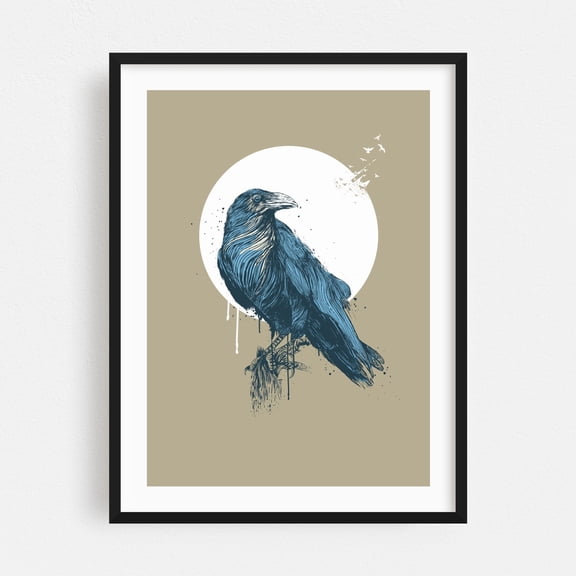 Blue Crow - Illustration Bird Mystical Wildlife Sketch Black Framed Wall Art Print 12 x 18 inches