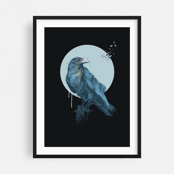 Blue Crow (dark) - Illustration Gothic Bird Mystical Moody Surrealism Black Framed Wall Art Print 9 x 12 inches