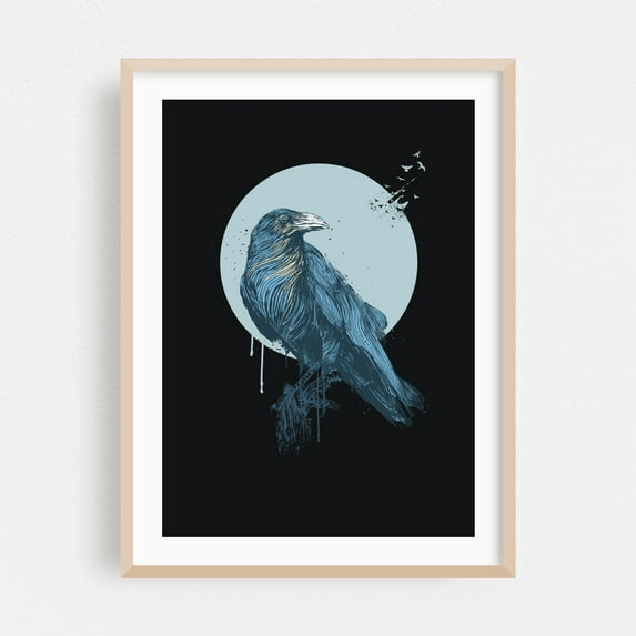 Blue Crow (dark) - Illustration Gothic Bird Mystical Moody Surrealism Oak Framed Wall Art Print 18 x 24 inches
