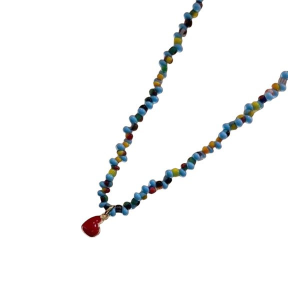 Blue Crystal Beaded Heart Pendant Necklace Adjustable Length Clavicle Chain