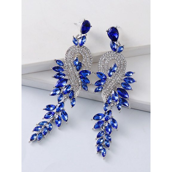 Blue Crystal Chandelier Dangle Earrings With Silvertone Setting