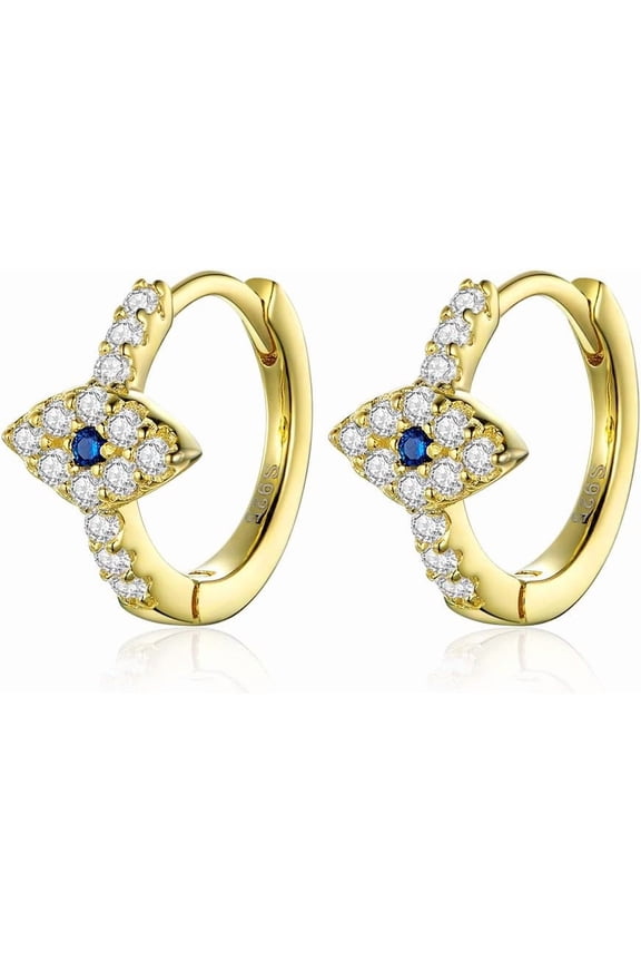 Blue Crystal Evil Eye Tiny Round Hoop Earrings Sterling Silver 14k Gold Plated Dainty CZ Small Cartilage Tragus Cuff Hinged Huggie Endless Hoops for Women
