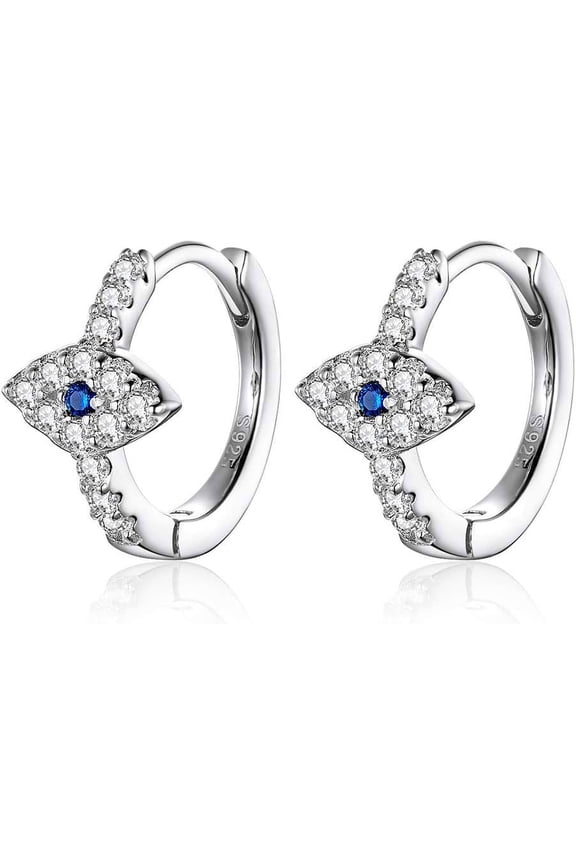 Blue Crystal Evil Eye Tiny Round Hoop Earrings Sterling Silver 14k Gold Plated Dainty CZ Small Cartilage Tragus Cuff Hinged Huggie Endless Hoops for Women