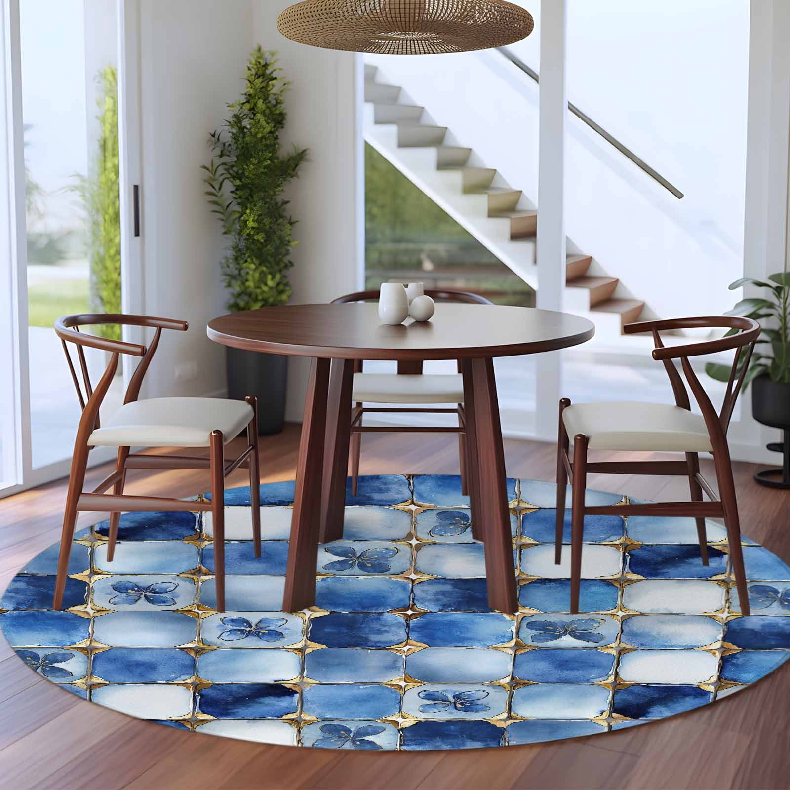 Blue Crystal Flower 5ft Round Rug for Dining Table for 4 People Under ...